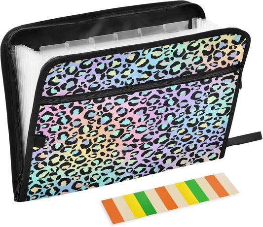 Gredecor Leopard Spots Neon Gradient Expanding File Folder 13 Pockets Expandable Filing Folders Accordion Document Files Organizer for A4 Letter Size Paper