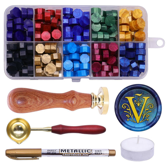 SWANGSA Retro Letter V Wax Seal Stamp with 200pcs Sealing Wax Beads Kit for Wedding Invitations Cards Envelopes (V)