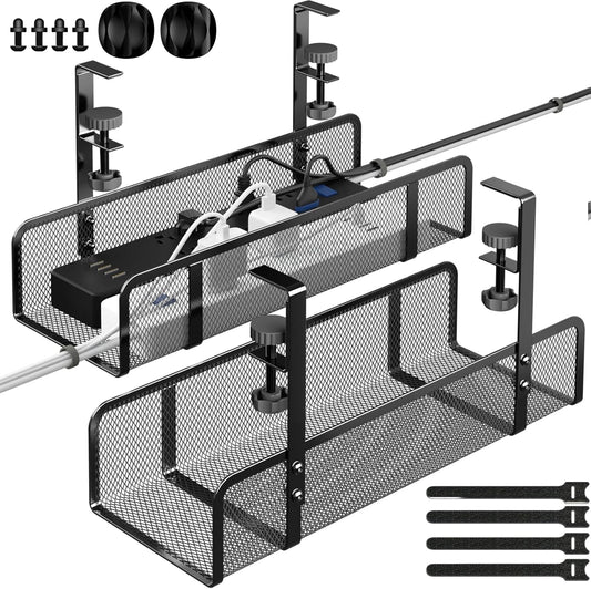Under Desk Cable Management Tray, Wire Management Desk Cable Organizer Cable Management Box, Cord Organizer Under Desk Storage Cable Raceways for Office, Home - No Damage to Desk No Drill