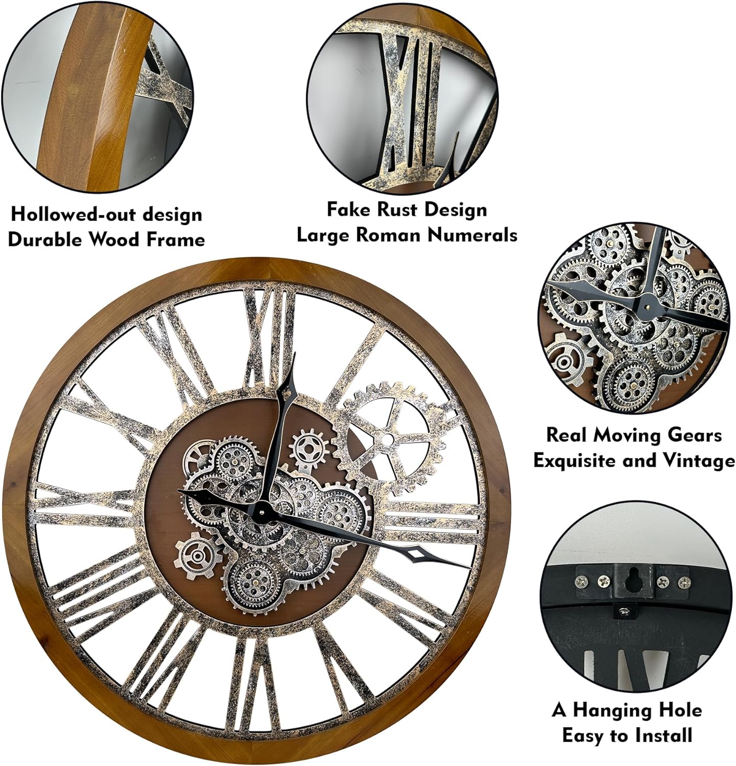 The B-Style Large Real Moving Gears Wall Clock 30 inch Rustic Retro Industrial Farmhouse Wood Clock Oversized Decorative Vintage Wall Clocks for Living Room (Drak Brown and Bronze)