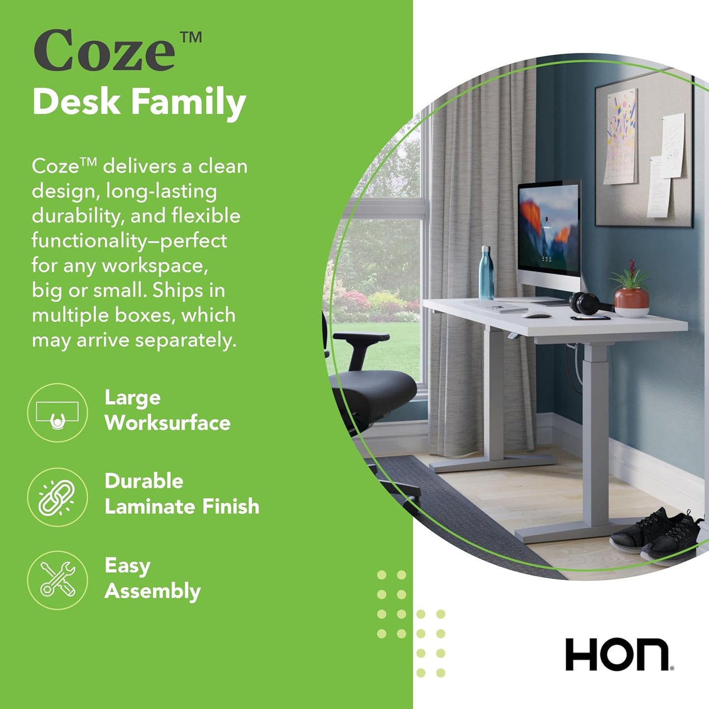 HON Coze Electric Standing Desk Adjustable Height, Coordinate Height Adjustable Desk, 48", White Top, White Base