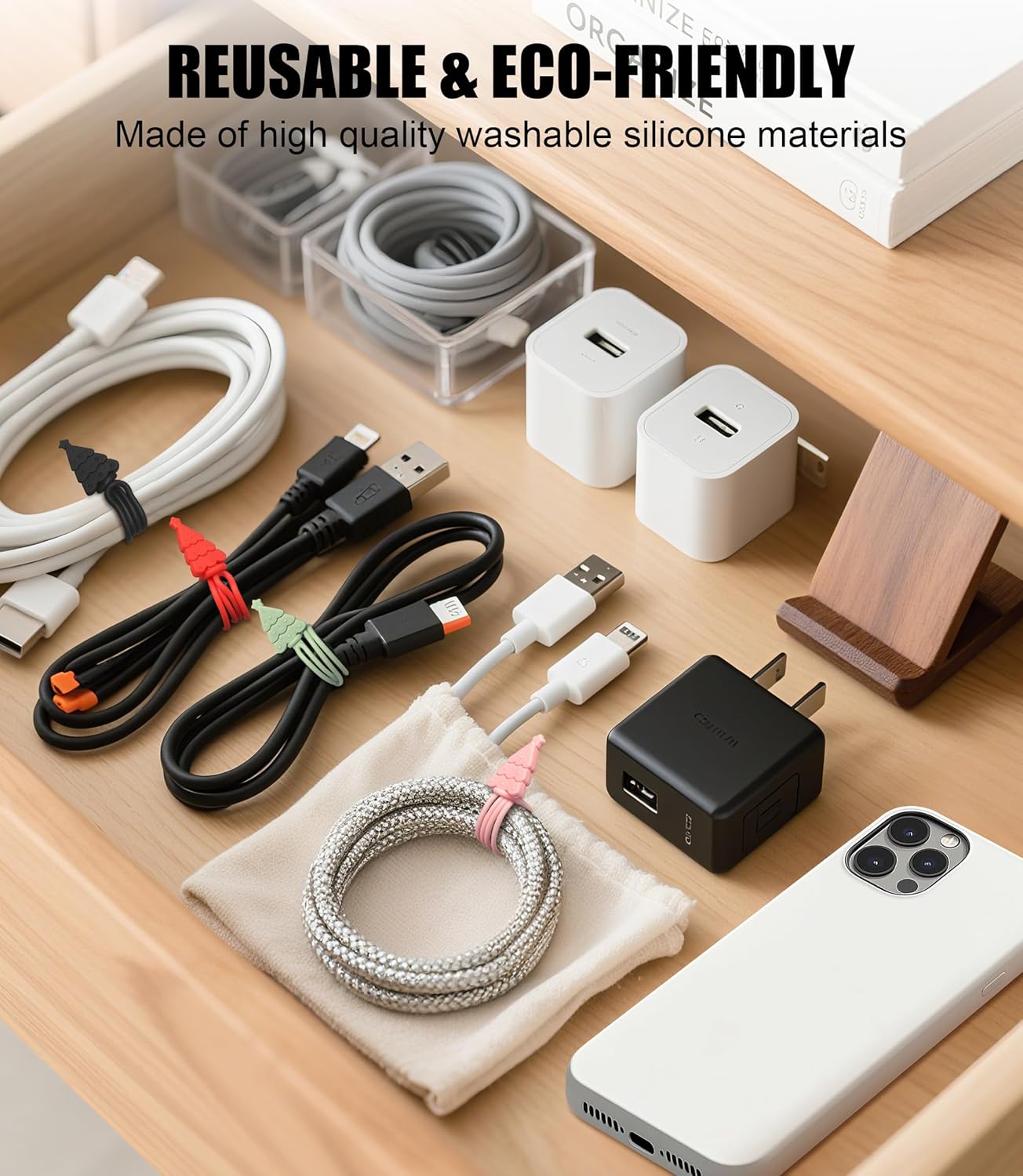 Nearockle 24Pcs Silicone Cable Ties Cord Organizer, 4.5" Reusable Cute Christmas Ties for Bundling Electrical Wire in Home, Office, School, Travel Essentials (Multicolor)