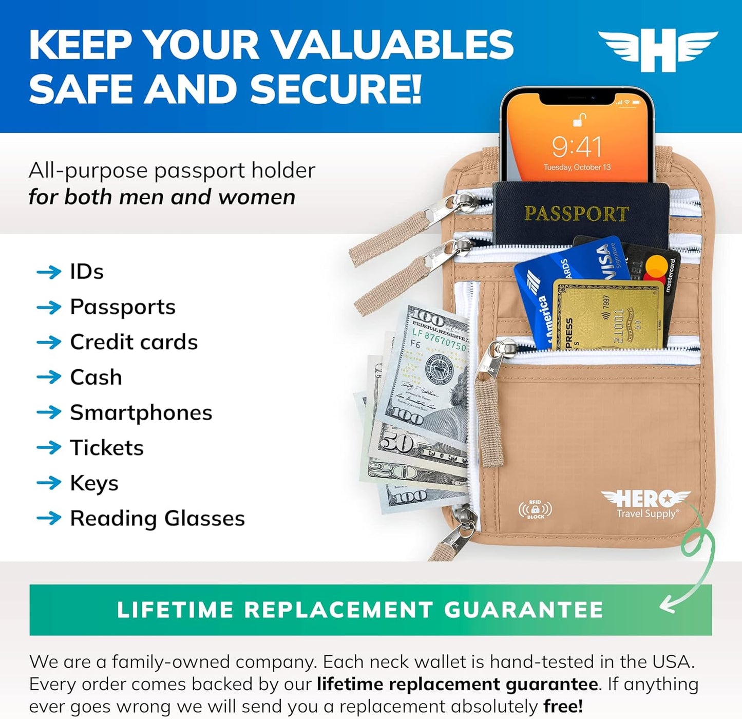 HERO Neck Wallet - RFID Blocking Passport Holder, Easy to Conceal and Pouch