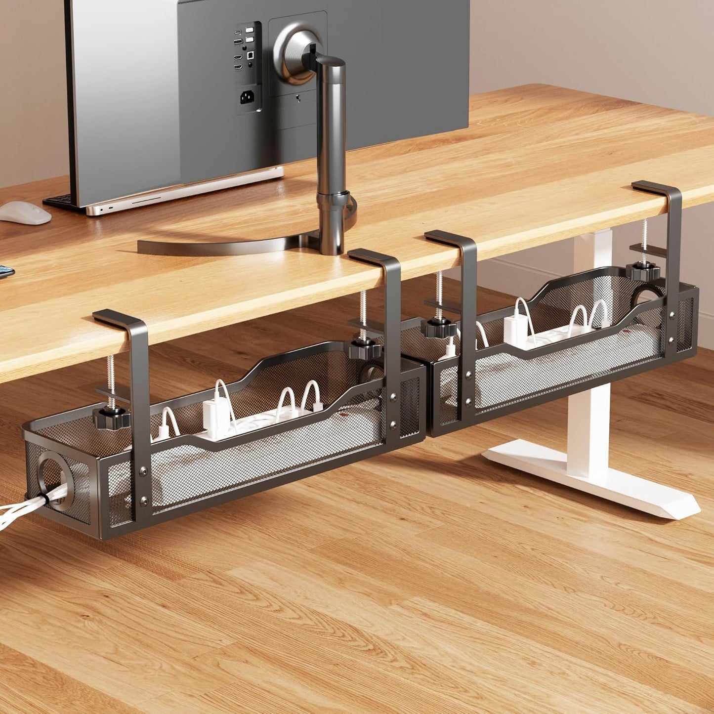 [Upgraded] 2 Pack Under Desk Cable Management Tray, Cinati Cord Organizers for Table Thickness up to 3", 16" Wire Organization with Clamp No Drill, Cable Management Box for Office - No Damage to Desk