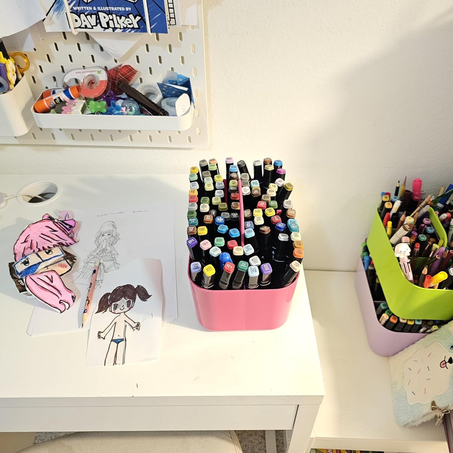 Small Stackable Plastic Caddy with Handle 6 Compartment | Desk, Makeup, Dorm Caddy, Classroom Art Organizers - 4 Pack, Made In USA (Hot Pink)