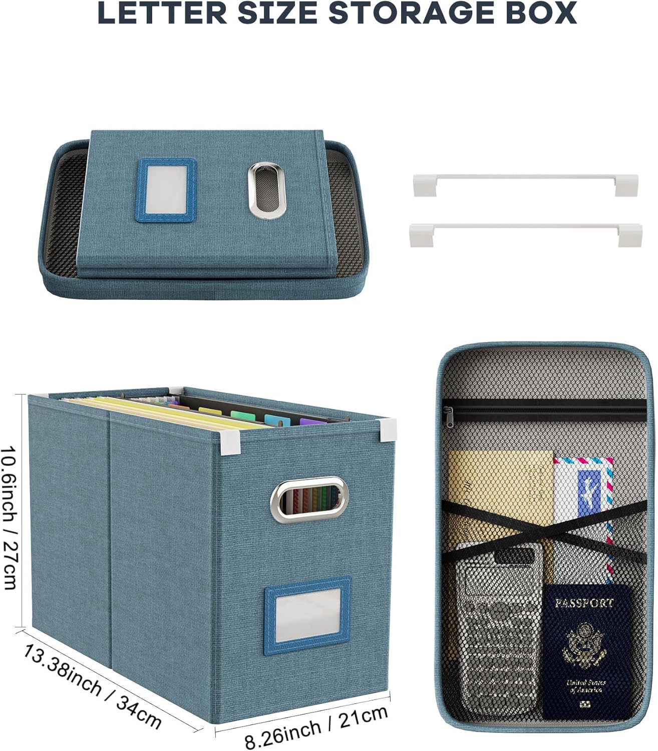 Oterri File Organizer Box with Lid, Hanging Filing File Box with Mesh Pocket, Document Organizer Box for Letter Files, Portable Storage Box with Smooth Sliding Rail for Office&Home (1 PCS, Dark-blue)