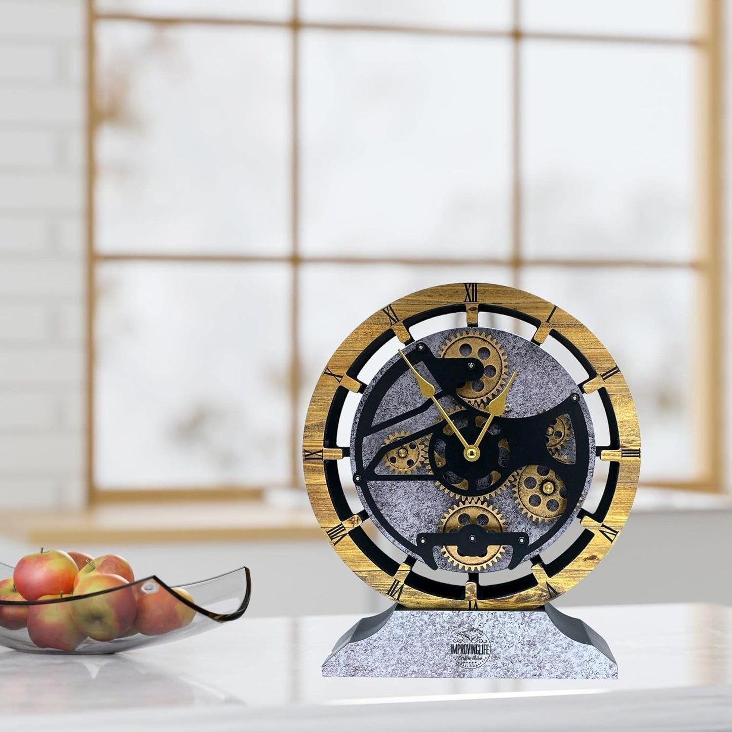 Desk Clock 10 inches with Real Moving Gears Convertible into Wall Clock (Brown and Grey)