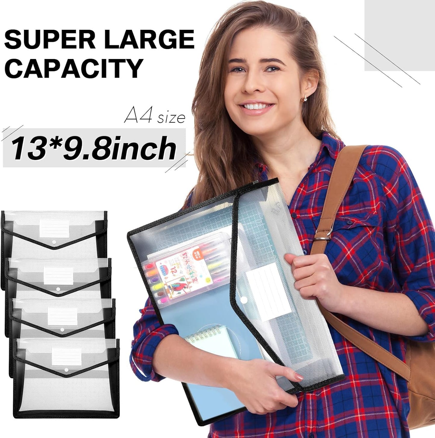 10 Pieces Plastic File Folders Envelope Expanding File Wallet Organizer Documents Folder with Snap Closure and Pocket, A4 Size Waterproof Transparent Pouch(Black,Horizontal)