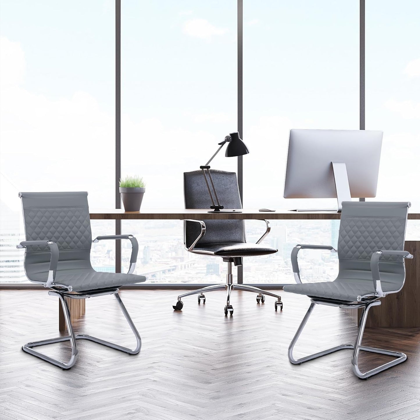 Office Guest Reception Chairs Set of 4 - Modern PU Leather Mid Back Conference Room Chairs for Waiting Room, Desk - Grey