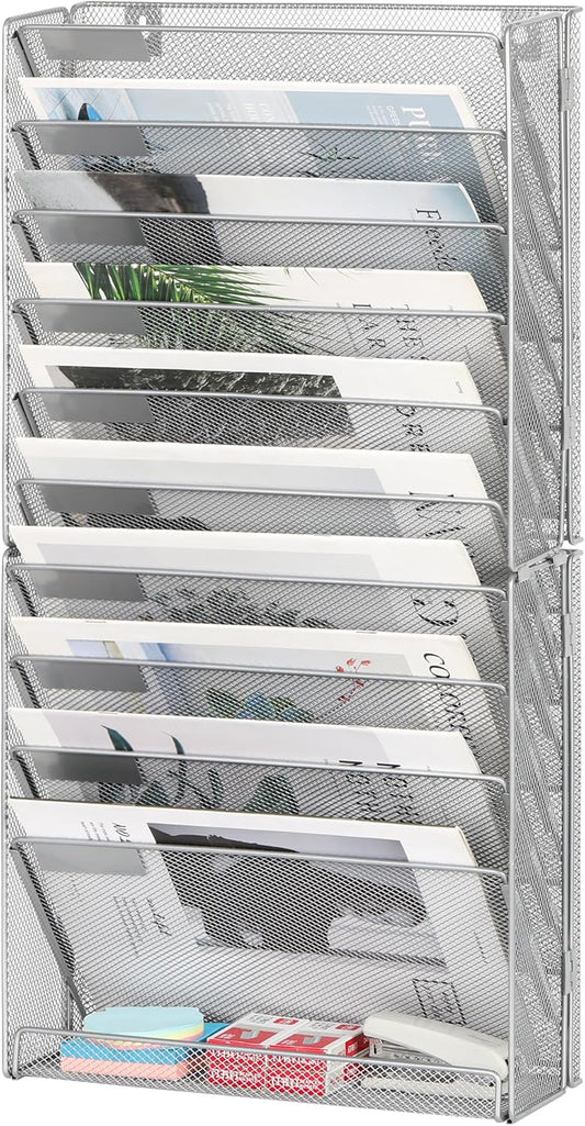 10-Tier Wall File Organizer, Hanging Mail Organizer Wall Mounted Paper Document Holder, Metal Clipboard Storage Basket for Office Home School Organization, Silver