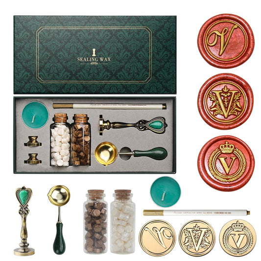 Letter Wax Seal Stamp Kit, Andotopee Wax Seal Kit Initial Alphabet V Sealing Wax Stamp Head 3pcs, Vintage Wax Stamp Seal Kit with Wax Seal Beads, Wax Seal Warmer Tools, Wax Seal Pen, Gift Box Set