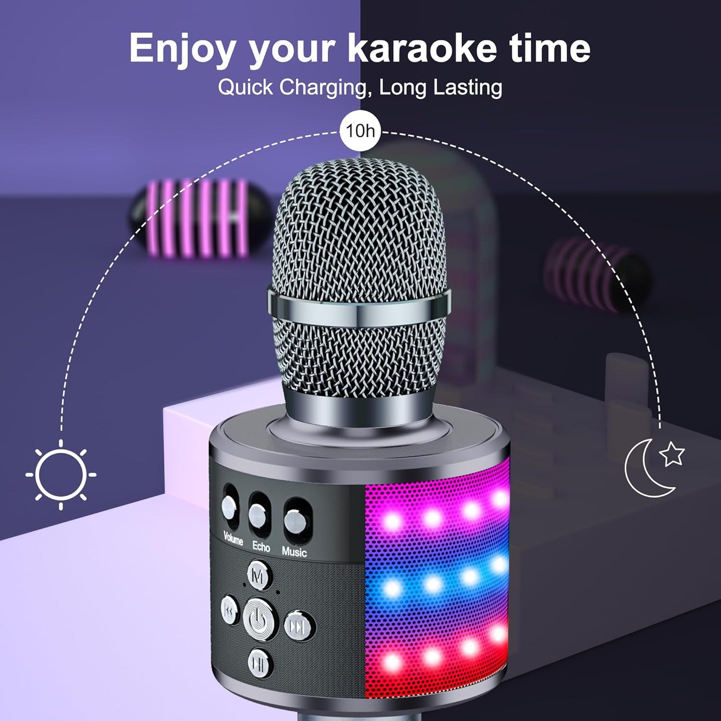 BONAOK Karaoke Microphone for Kids & Adults - Bluetooth Microphones Singing Mic with Disco Lights, Echo Effect, Built-in Speaker Portable Karaoke Player for Party Travel Gifts Q78(Space Gary)