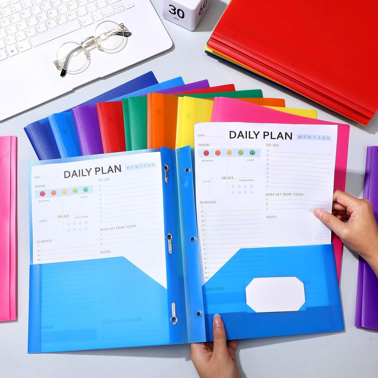 Patelai 48 Pcs Plastic Folders with 2 Pockets and 3 Prongs Home Folders with Card Slot Letter Size Heavy Duty Report Covers for Back to School(Cute Color,Classic)