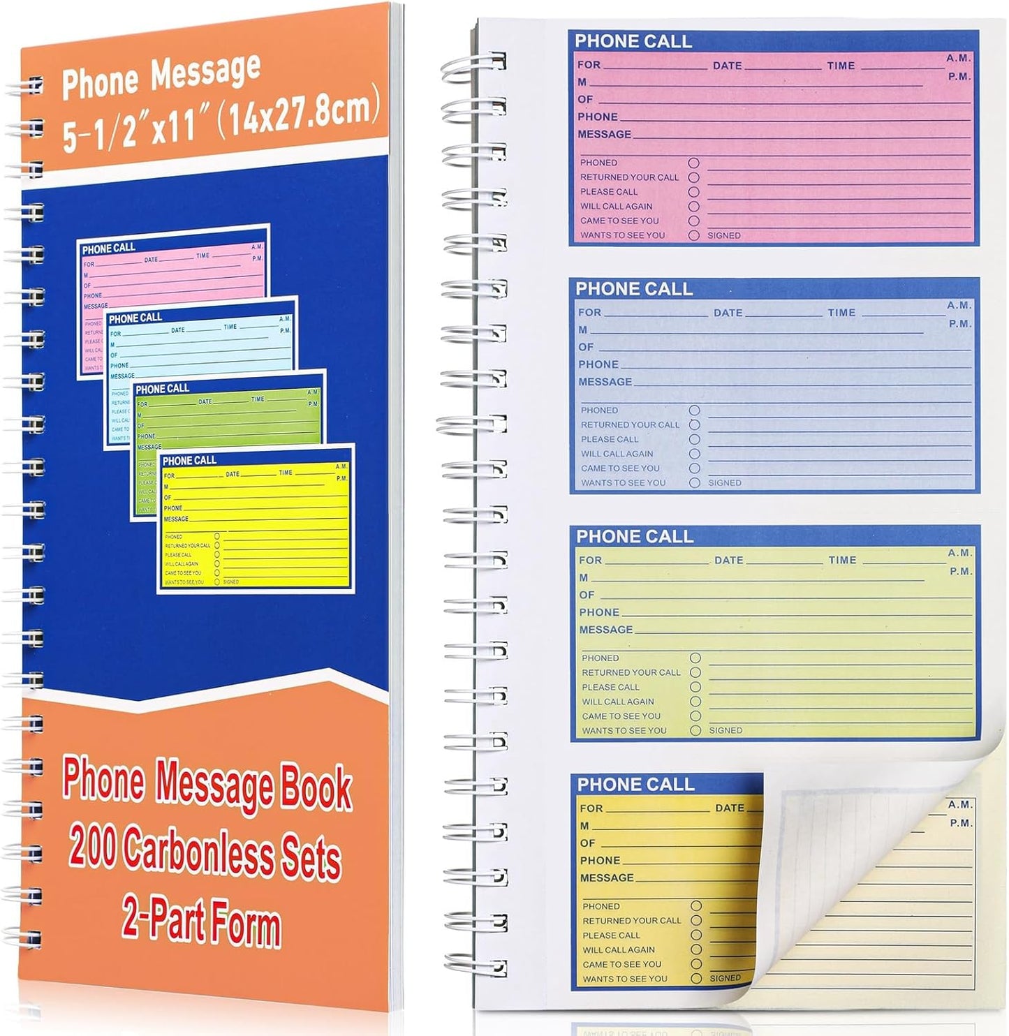 1 Pcs Spiral Bound Phone Message Book 5-1/2" x 11" 2 Part Colorful Carbonless Phone Message Pads 4 Messages Per Page Carbon Copy Notebook Spiral Phone Call Log Book for Business Office