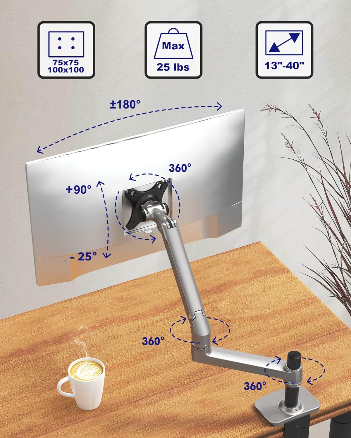 Single Monitor Arm Desk Mount, Holds Screens up to 40 Inches and 25 lbs, Fully Adjustable Vesa Monitor Mount with C-Clamp and Grommet Base, Aluminum, Silver