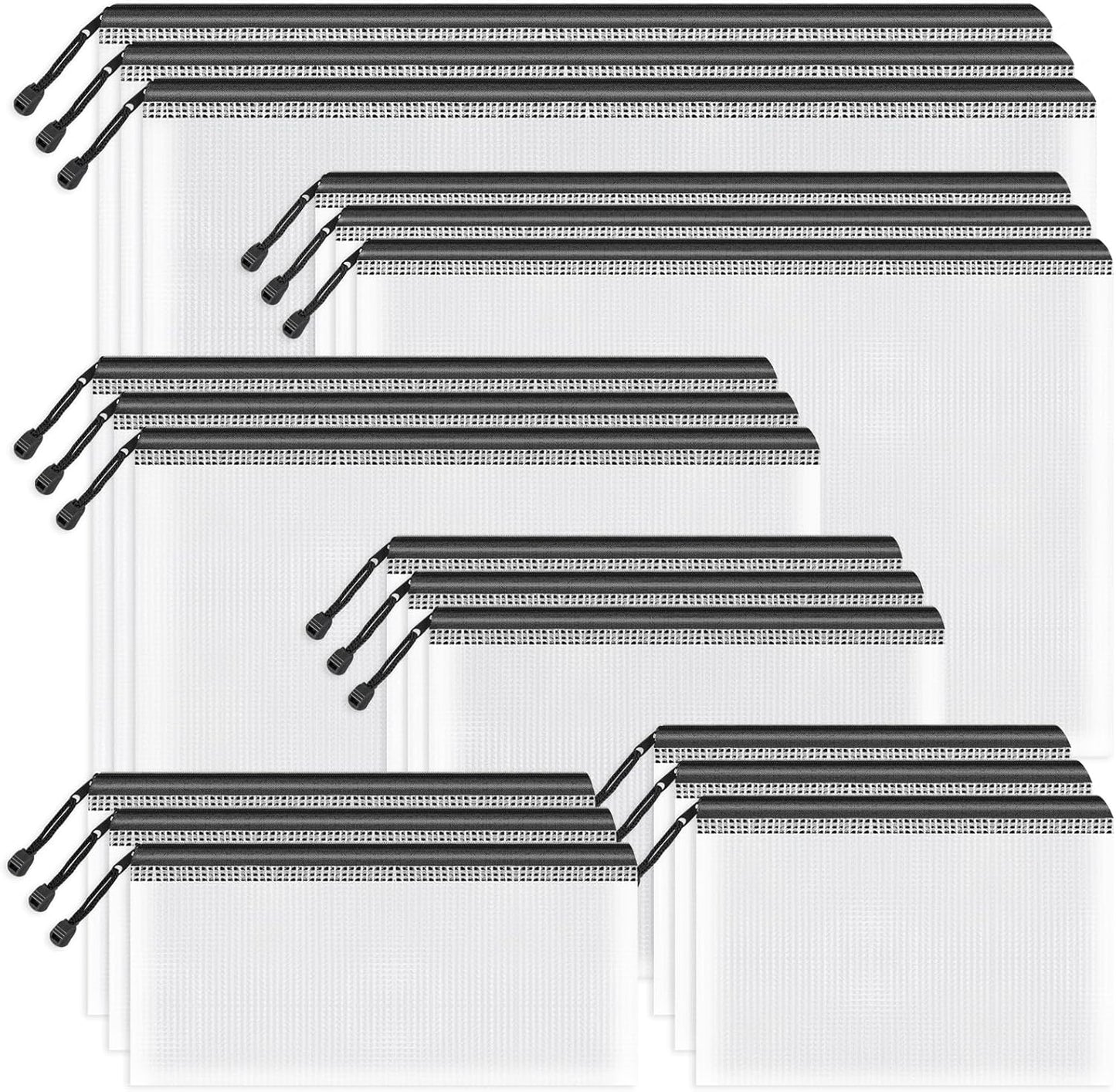 Umriox Zipper Mesh Document Pouch, 6 Assorted Size (Black, 18 Packs), Clear Zipper Pouches, Waterproof Travel Pouch for Office Supplies, Puzzles, Board Games and Craft Projects