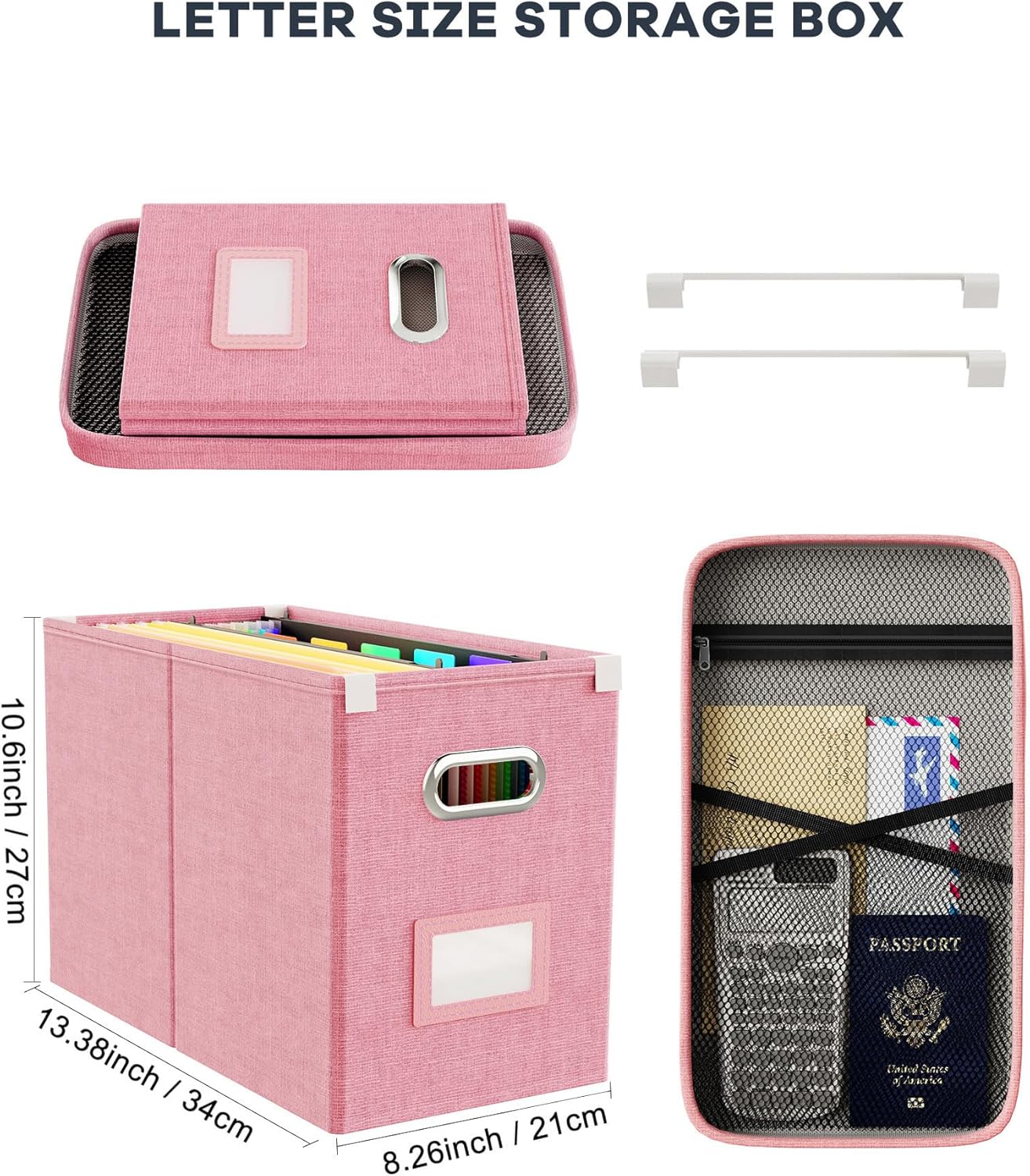 Oterri File Organizer Box with Lid, Hanging Filing File Box with Mesh Pocket, Document Organizer Box for Letter Files, Portable Storage Box with Smooth Sliding Rail for Office&Home (1 PCS, Pink)
