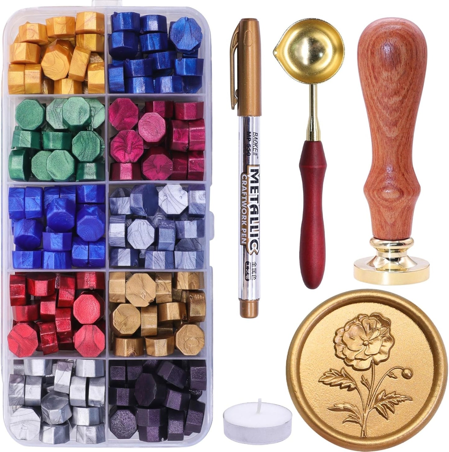 SWANGSA Wax Seal Kit, 3D Flower Stamp with 200pcs Sealing Wax Beads, Great for Embellishment of Wedding Invitations, Wine Packages, Gift Wraps