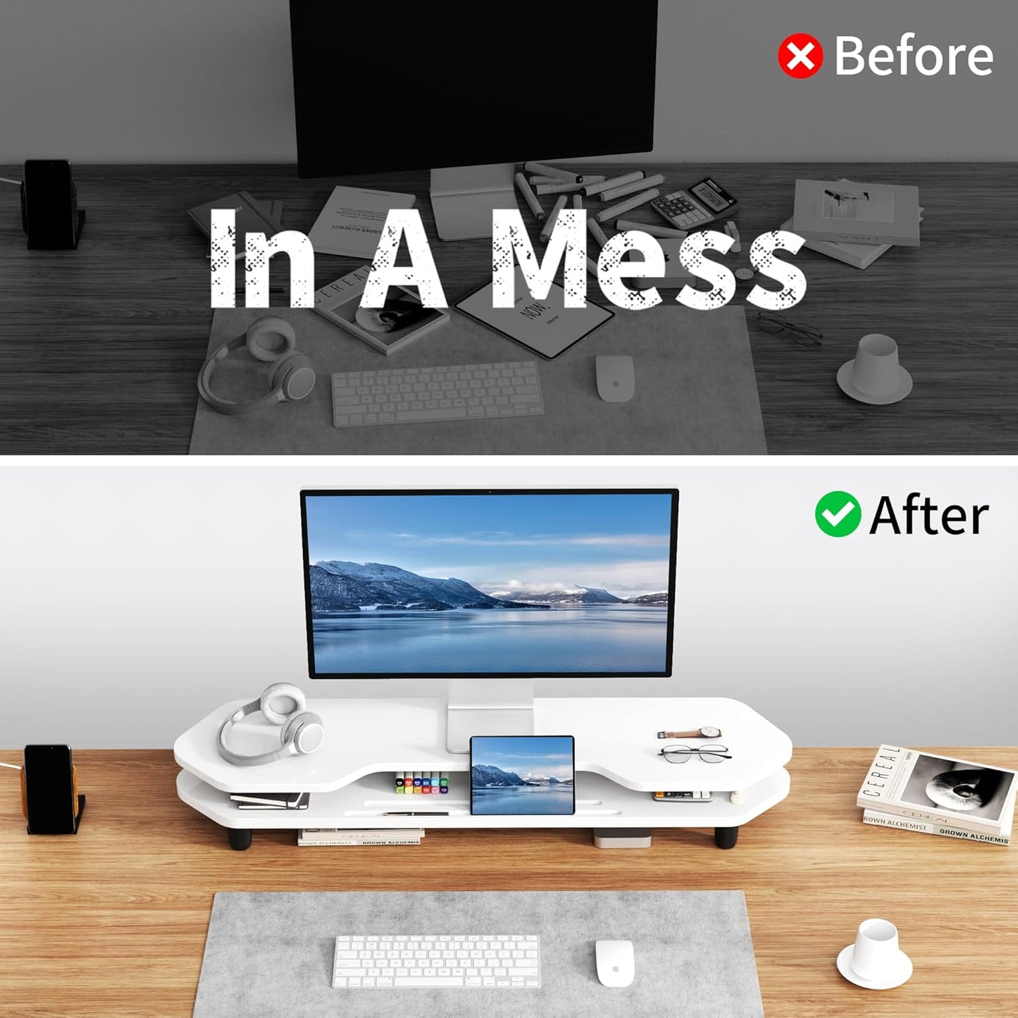 2 Tier Dual Monitor Stand Riser,Wider Board Computer Monitor Stand for 2 Monitors,Slot For Phone/Tablet Office Desktop Organizer for Laptop,PC,Computer,Printer,White