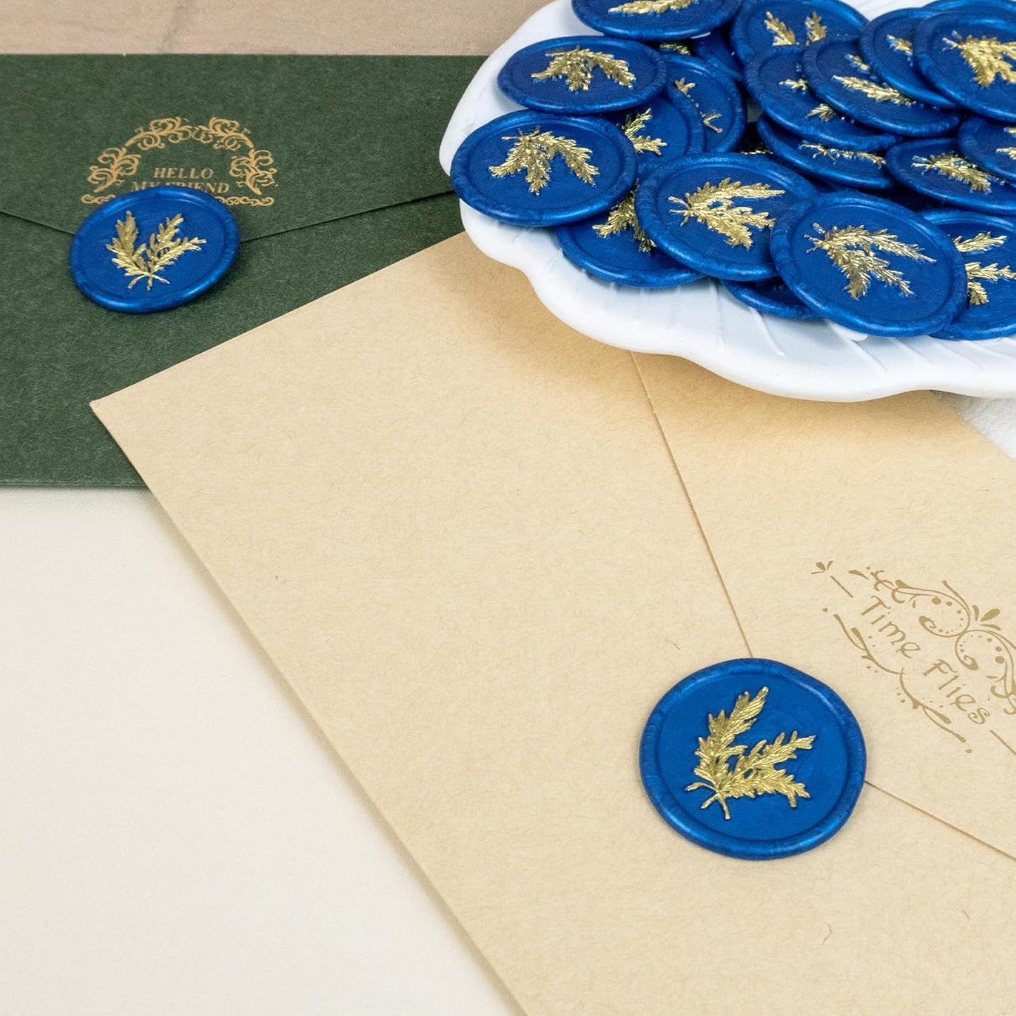25Pcs Gold & Blue Wax Seal Stickers Handmade Envelope Seals Self Adhesive Wax Stickers for Wedding Party Invitations, Envelope, Gift Wrap, Christmas(Gold Rosemary Style, Blue Wax)