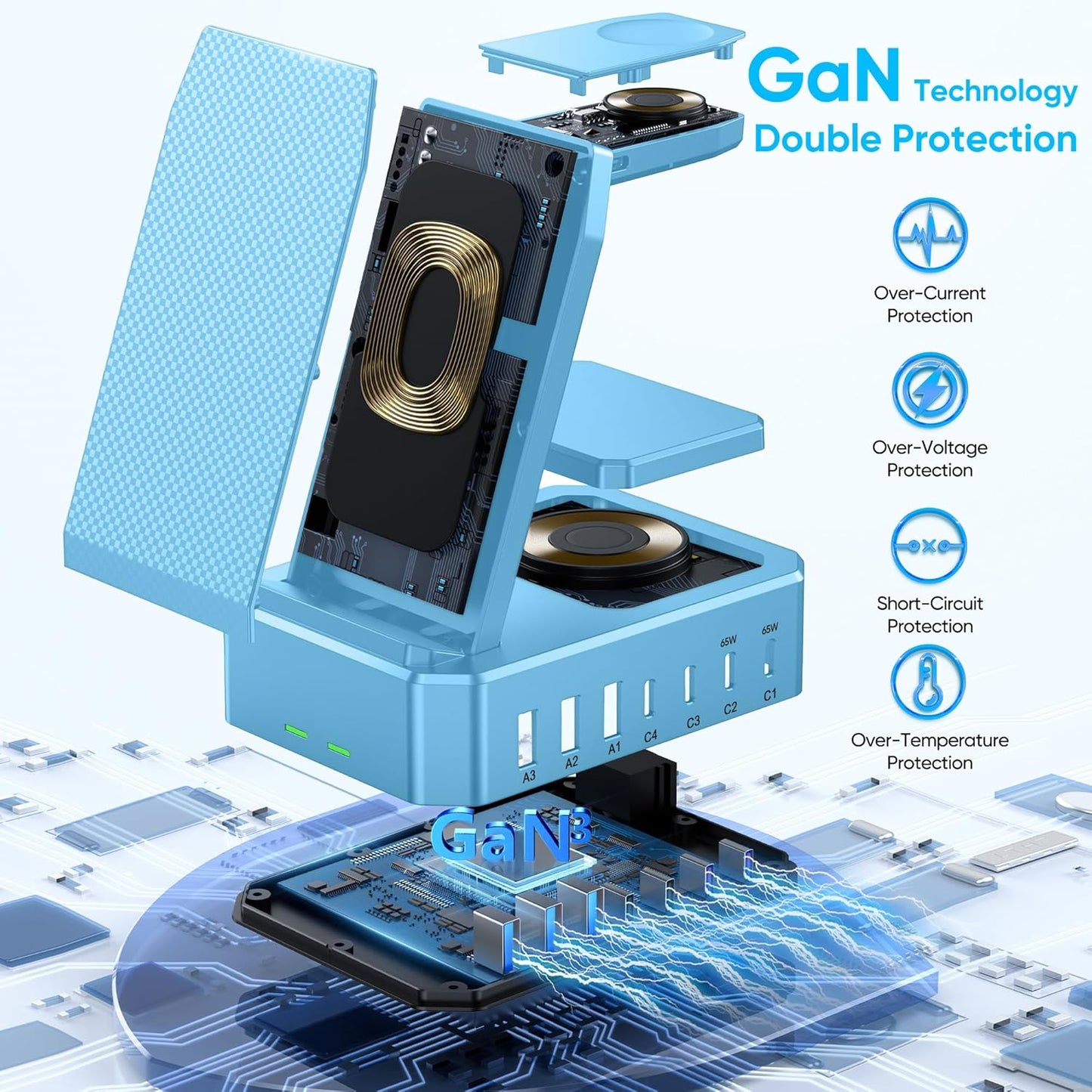 300W Charging Station for Multiple Devices Apple, Zutspzss 10 in 1 Wireless Charger for iPhone 16, GaN III USB C 65W PD Fast Charging Stand Dock for Apple Watch&Airpods,Blue