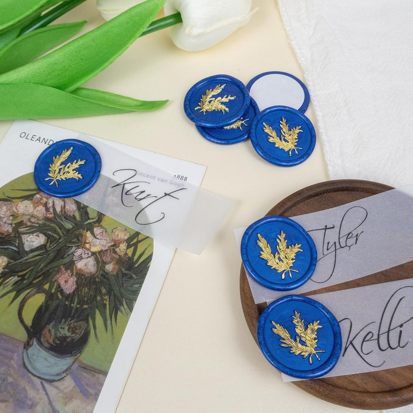 25Pcs Gold & Blue Wax Seal Stickers Handmade Envelope Seals Self Adhesive Wax Stickers for Wedding Party Invitations, Envelope, Gift Wrap, Christmas(Gold Rosemary Style, Blue Wax)