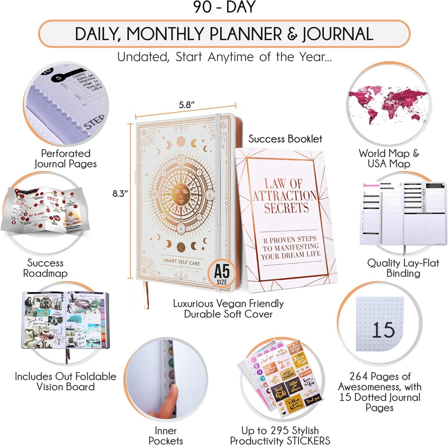Adhd Daily Planner - A Self Care Personal Gratitude Journal to Increase Productivity and Success in Life & Work, Weekly & Monthly Undated Planner for Women and Men, Vision Board & Organizer + Stickers