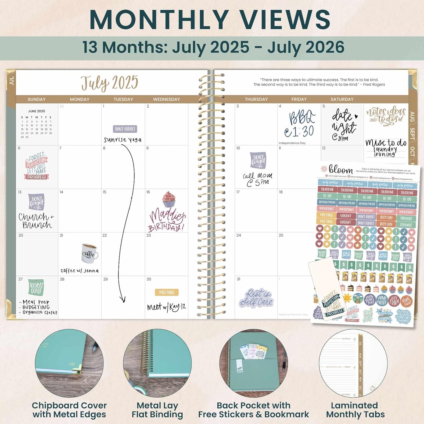 bloom daily planners HARDCOVER 2025-2026 (8.5" x 11") Academic Year Day Planner (July 2025 - July 2026) - Aesthetic Task Goal Organizer - Monthly & Weekly Inspirational Agenda Book - Green Linen