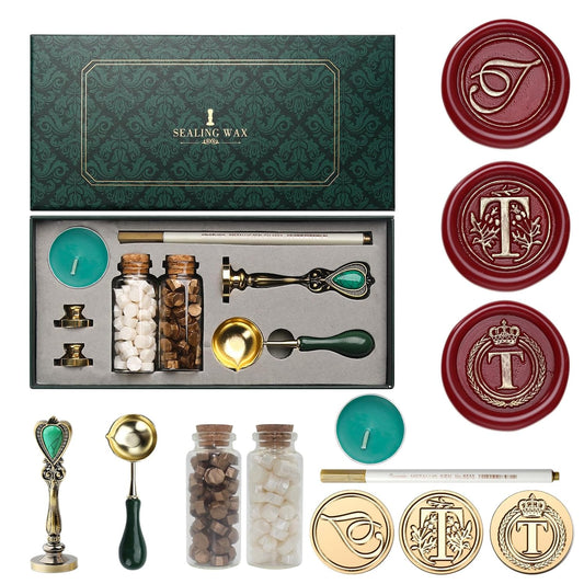 Letter Wax Seal Kit with Initial Alphabet T Wax Seal Stamp Head 3pcs, Pearl White and Vintage Gold Stamp Sealing Beads, Spoon, Metallic Gold & Silver Pen, Vintage Gift Box Set