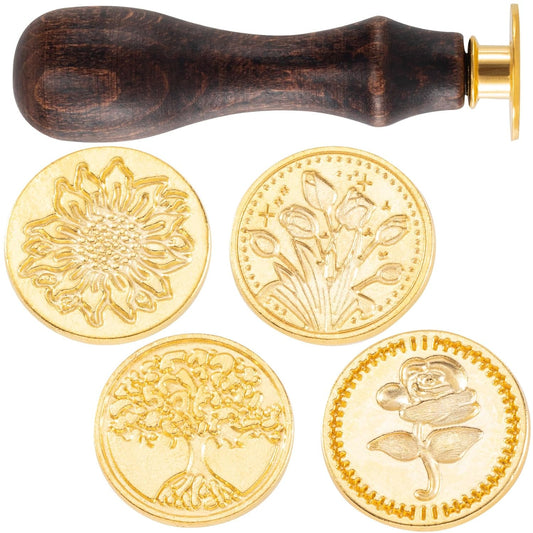 5pcs Wax Seal Stamp Kit, Brass Gold Sealing Wax Stamps Head and Wooden Handle Gold Rose Tree Daisy Flower for Wedding Halloween Christmas Valentines Invitations Cards Envelopes Wrapping