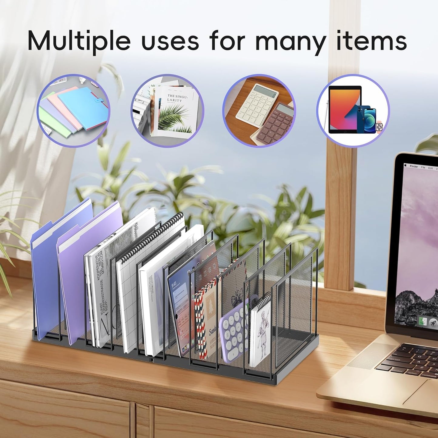 9-Section Desk File Organizer, Vertical File Holder, Mesh Desktop File Folder Metal File Organizer Stand for Office Home Classroom, Black, 2 Pack