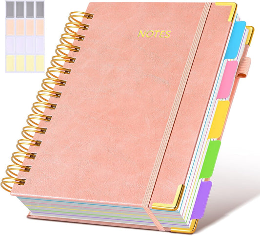 Hardcover Spiral Notebook journal with Removable Dividers Tabs, 300 Pages Leather 5 Subject Notebook College Ruled, 100GMS A5 Notebooks for Work School Note taking,Lined Journal for Women,A5-Pink
