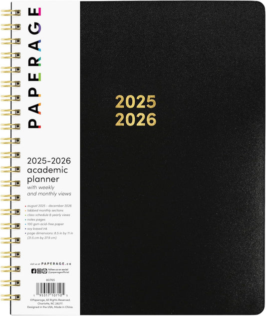 PAPERAGE 17 Month Academic Planner 2025-2026, Weekly & Monthly Spreads, August 2025 - December 2026, Large (8.5 in x 11 in), Black