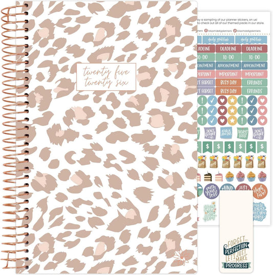 bloom daily planners 2025-2026 Academic Year Daily Planner (July 2025 - July 2026) - A5 Weekly & Monthly Calendar Agenda Organizer Book with Stickers - 5.5" x 8.25" - Tan Leopard