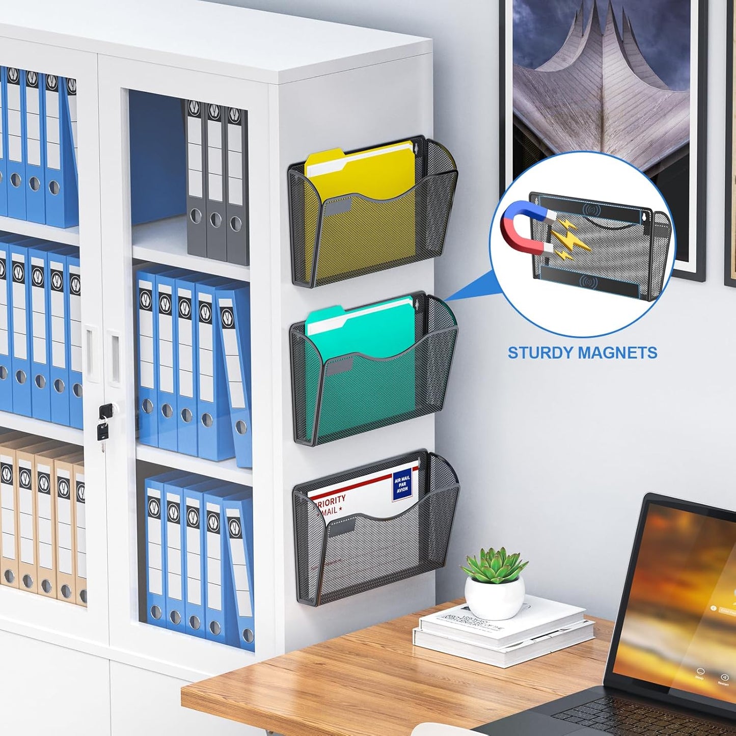 samstar 6 Pack Magnetic File Holder, Mesh Wall File Organizer File Pocket Mail Organizer Paper Folder Holder for Office/Home, No Drilling(Magnetic)