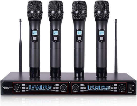 Sound Town 200-Channel Rack Mountable Professional Adjustable UHF Wireless Microphone System with Metal Receiver and 4 Handheld Mics (NESO-U4HH)