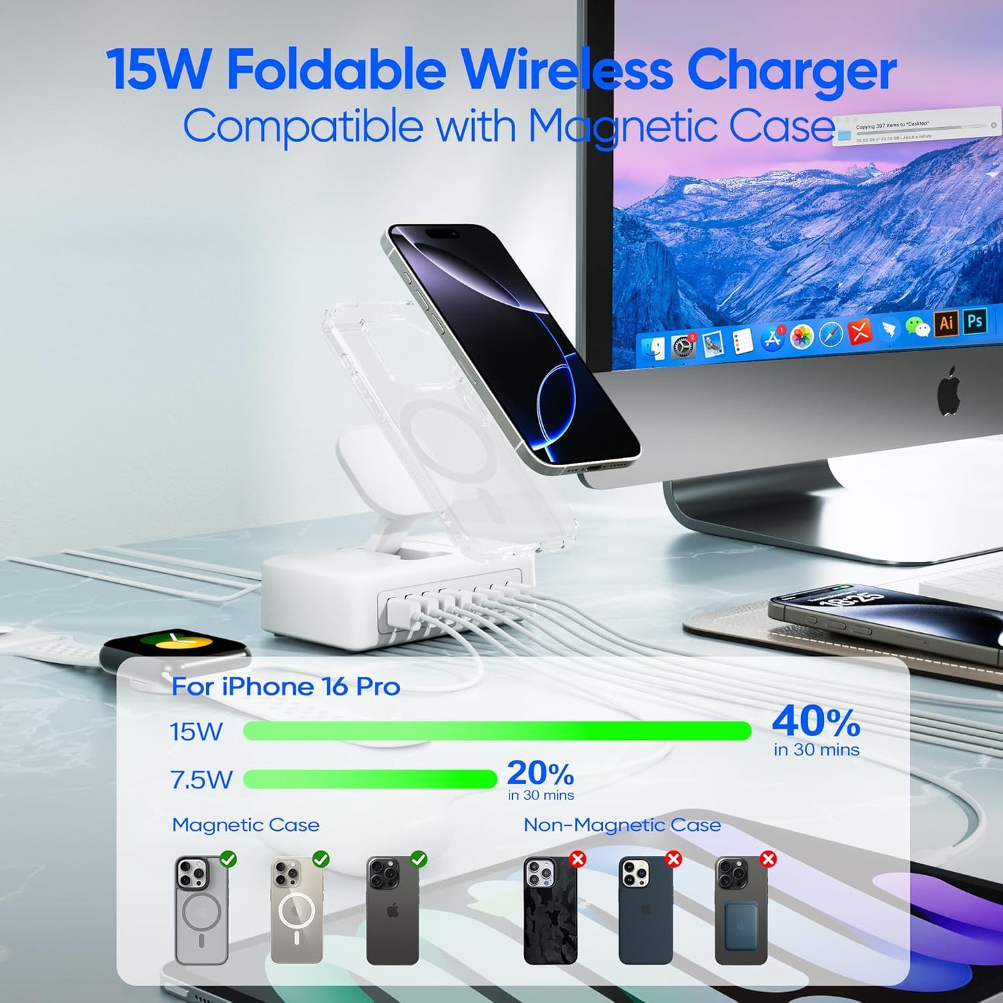160W USB Charging Station Power Strip, 11-in-1 USB C Charger Block, 2AC Outlets with 8USB Ports(4USB-C), 5FT Flat Plug Extension Cord, Fast Charging Desktop Charger for Home Office Dorm Room, White