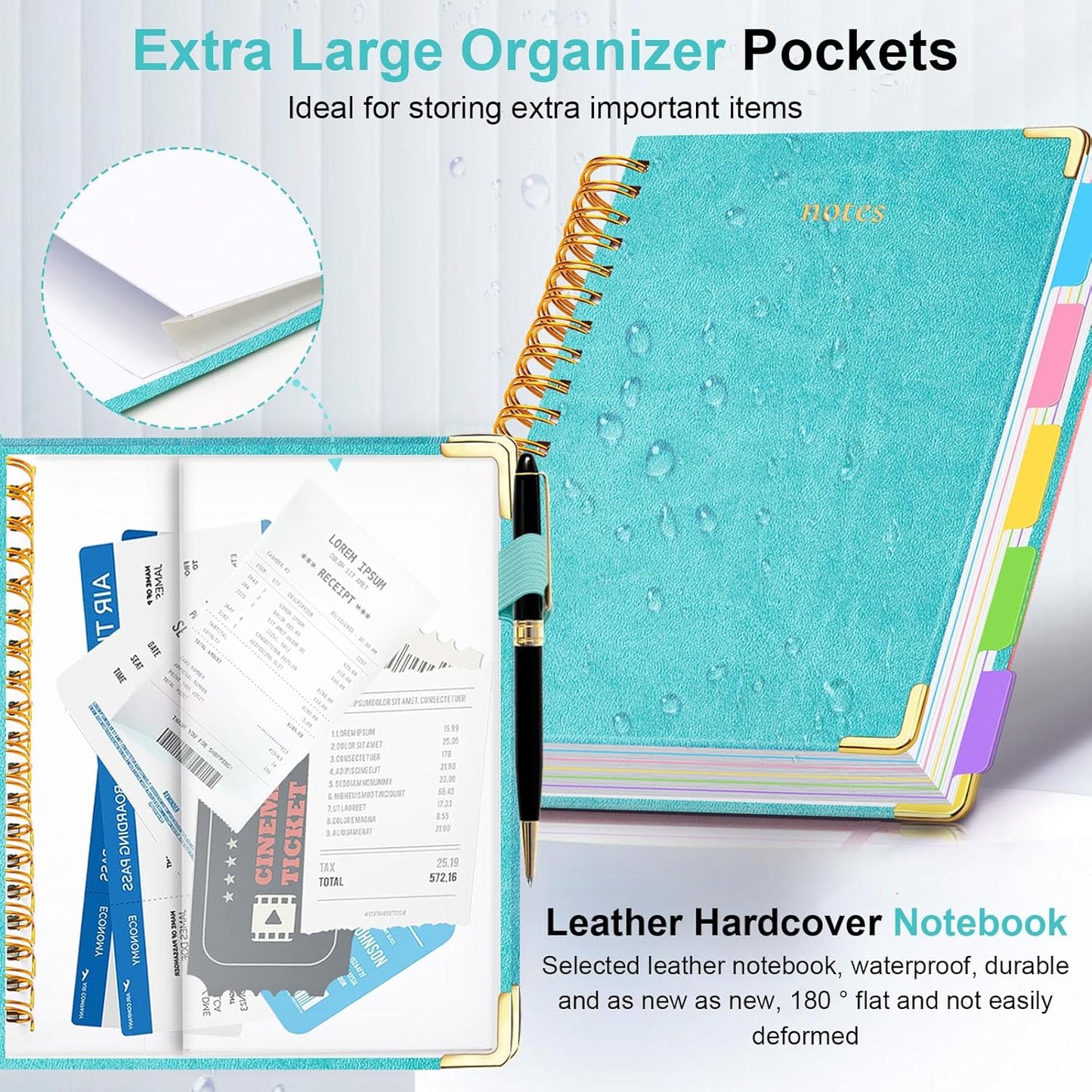 Hardcover Spiral Notebook 8"x10" Journal Notebook with Tabs and Removable Dividers 300 Pages 5 Subject Notebook College Ruled, Faux Leather Spiral Bound Notebook for Women, Students, School Work (Blue)