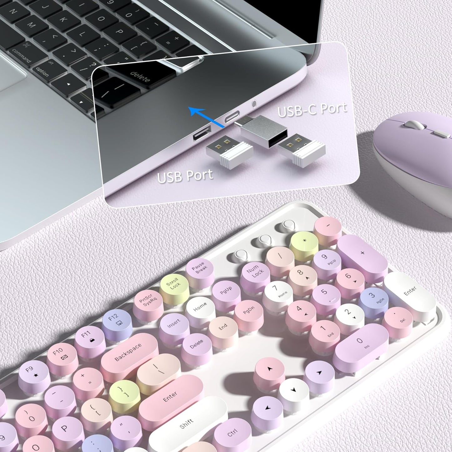 Colorful Wireless Keyboard and Mouse Combo, COVEVA 2.4GHz Wireless Retro Cute Round Keycaps Keyboard, 104 Keys Full-Sized Keyboard Mouse Set with Switch Button for PC Laptop Desktop (White Colorful)