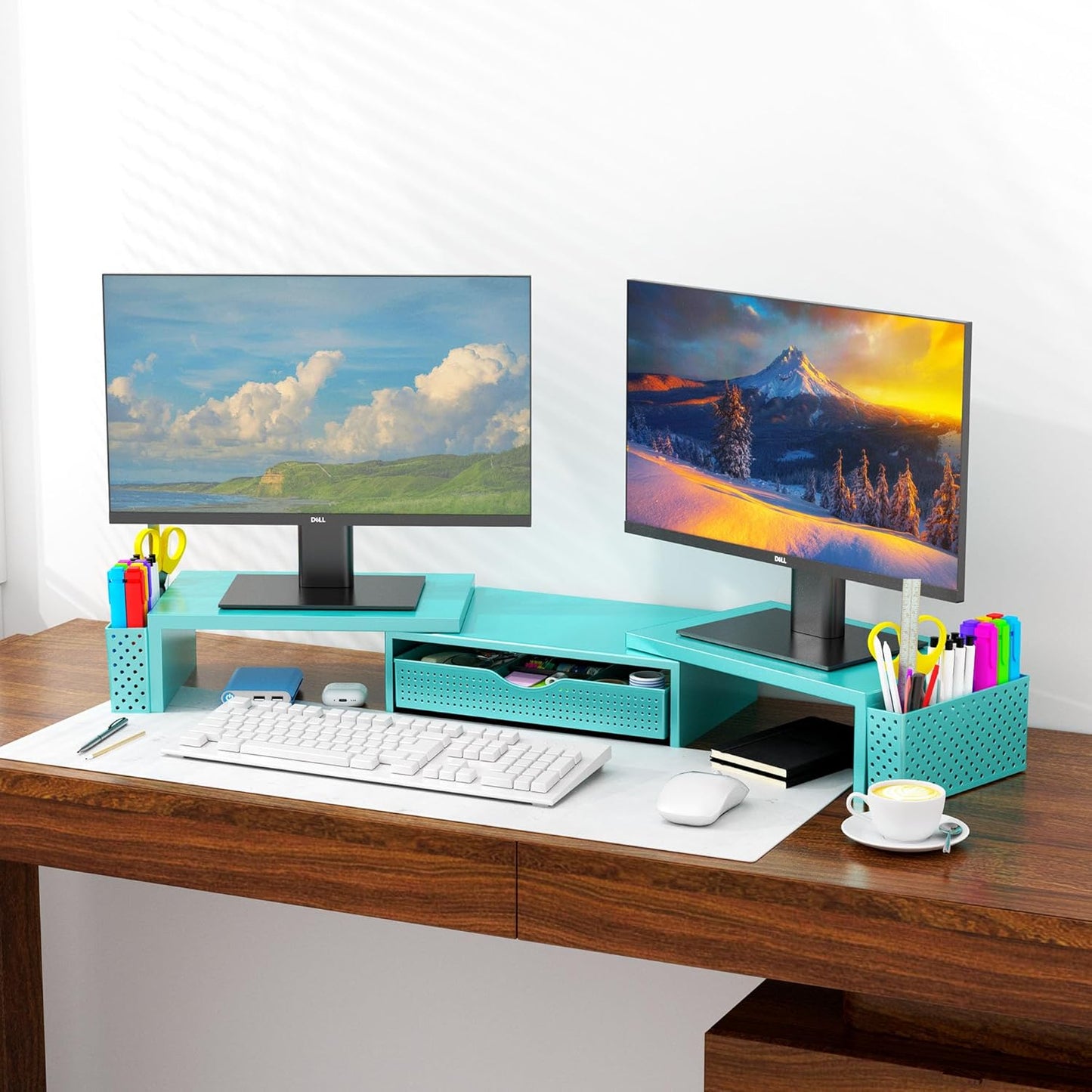 Spacrea Metal Desk Organizers and Accessories, Dual Monitor Stand Riser with Drawer and 2 Pen Holders, Desk Accessories & Workspace Desktop Organizers for Office Supplies (Blue)