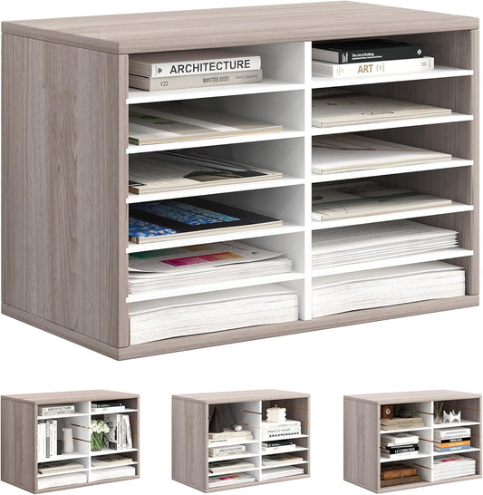 Mail Organizer Countertop, 12 Slots Wooden Desk File Literature Sorter, Adjustable Paper Storage Shelves Document Holder, Space Saving Desktop Mailbox for Office Classroom, Retro Grey/White