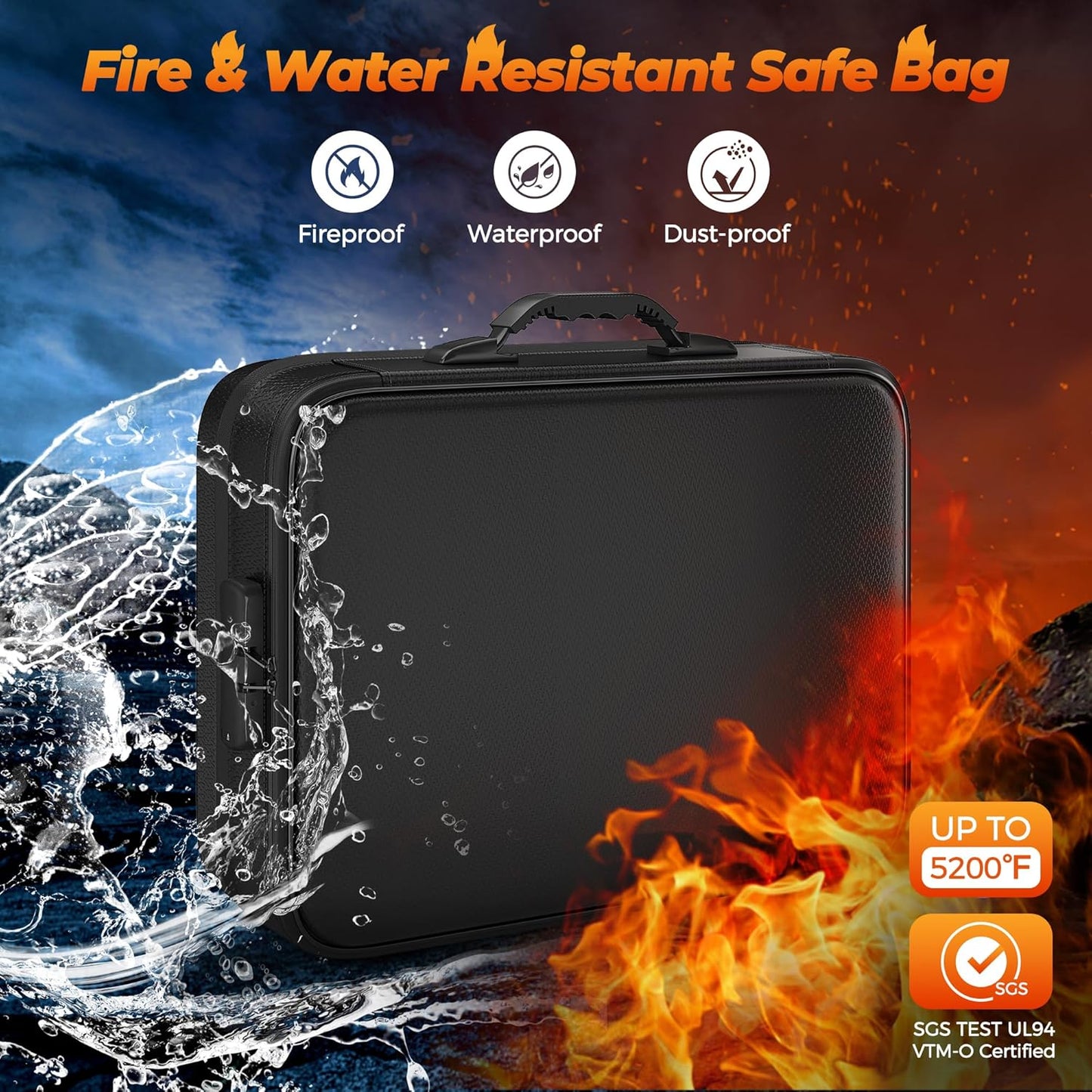 Nacial 5200℉ Fireproof Document Box with Lock, Expandable Document Organizer, Heat Insulated Fireproof Waterproof Box for File Storage, ﻿Portable Sturdy Handle for Important Documents Home Travel