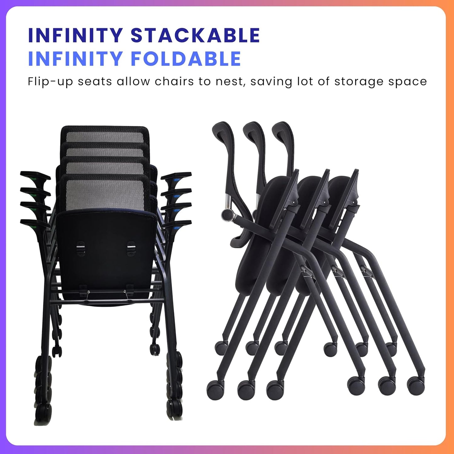 4 Pack Stackable & Foldable Conference Room Chairs with Lumbar Support, Armrest - Ergonomic Mesh Bouncing Back for Office Meeting, Conference, Reception and Training Room Chair