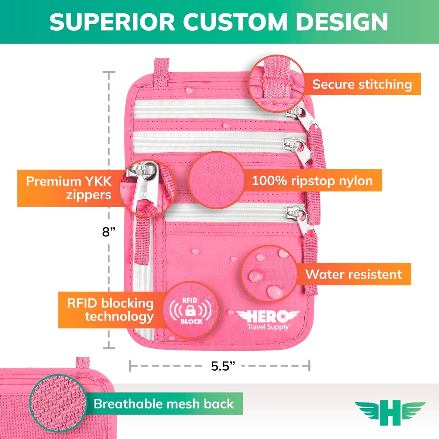 Hero Travel Supply Neck Wallet, RFID Blocking Passport Holder, Easy to Conceal Pouch (Hot Pink)