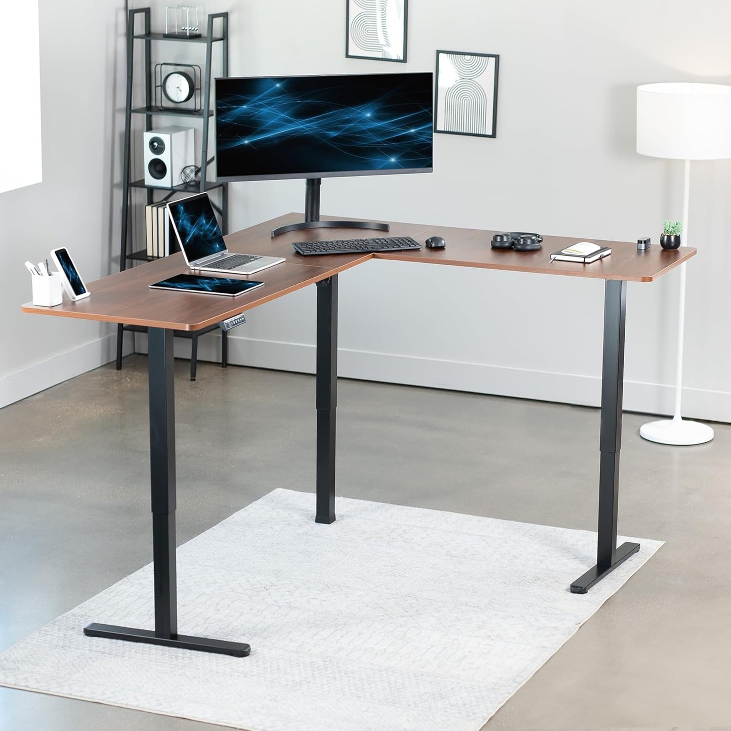VIVO Electric Corner L-Shaped 75 x 63 in Standing Desk, Memory Height Adjustment, Dark Walnut Top Black Frame, DESK-E3CTD-75
