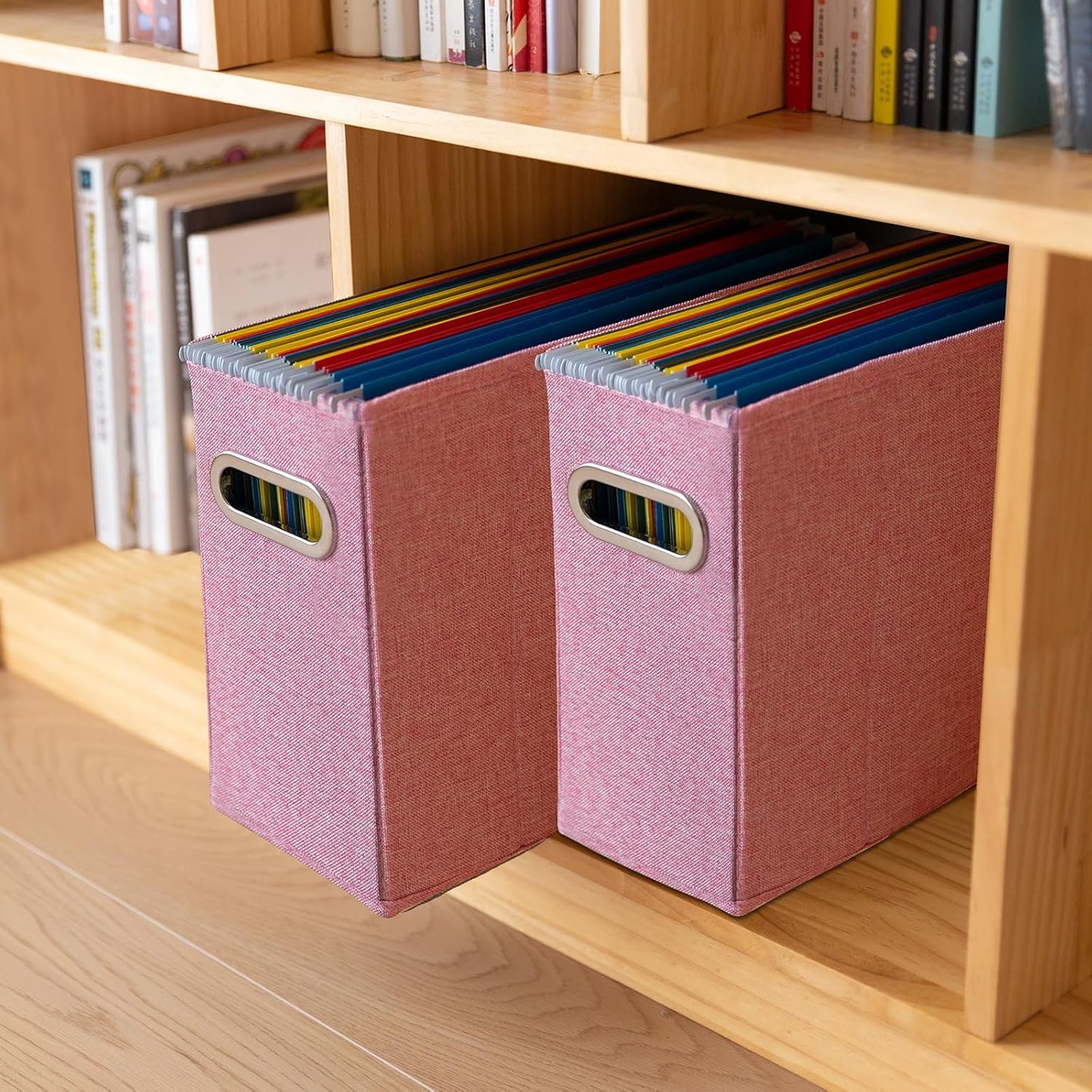 4 Packs Letter Size File Organizer, File Folders Organizer, Fabric Storage Box, Collapsible Paper Organizer with Metal Handle, Smooth PVC Rails, Only Box (Pink)