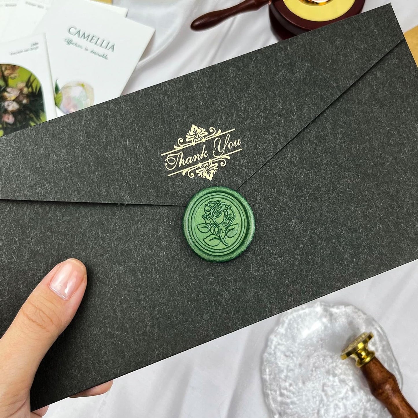 100Pcs Wax Seal Stickers Handmade Envelope Seals Self Adhesive Wax Stickers for Wedding Party Invitations, Envelope, Gift Wrap, Christmas(Rose Style, Green)