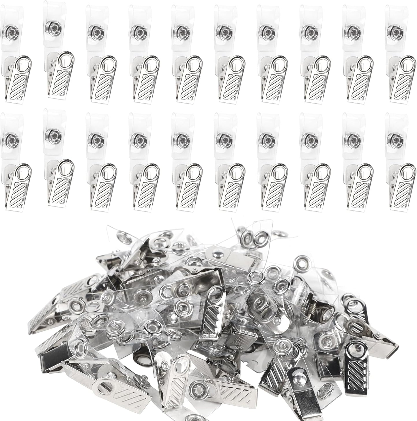 Happy Trees 50 Pcs Metal Badge Clips with Clear PVC Straps, ID Holder Clip for Badge Holders, Name Tags, ID Cards, Work Badges