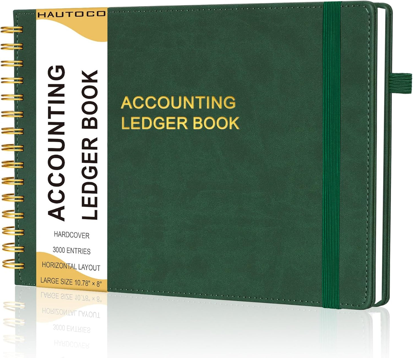 HAUTOCO Hardcover Accounting Ledger Book for Small Business Bookkeeping Horizontal Money Expense Tracker Notebook with 2 Storage Pouch, Personal Columnar Log Journal 10.78 x 8'', Dark Green