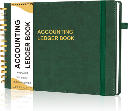 HAUTOCO Hardcover Accounting Ledger Book for Small Business Bookkeeping Horizontal Money Expense Tracker Notebook with 2 Storage Pouch, Personal Columnar Log Journal 10.78 x 8'', Dark Green